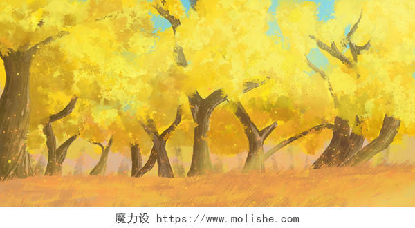 秋天插画唯美清新黄色手绘秋季树林风景背景原创插画素材